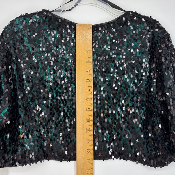 Roz & Ali Womens XL Large Cropped Bolero Open Front Jacket Green Black Sequins - Picture 8 of 8
